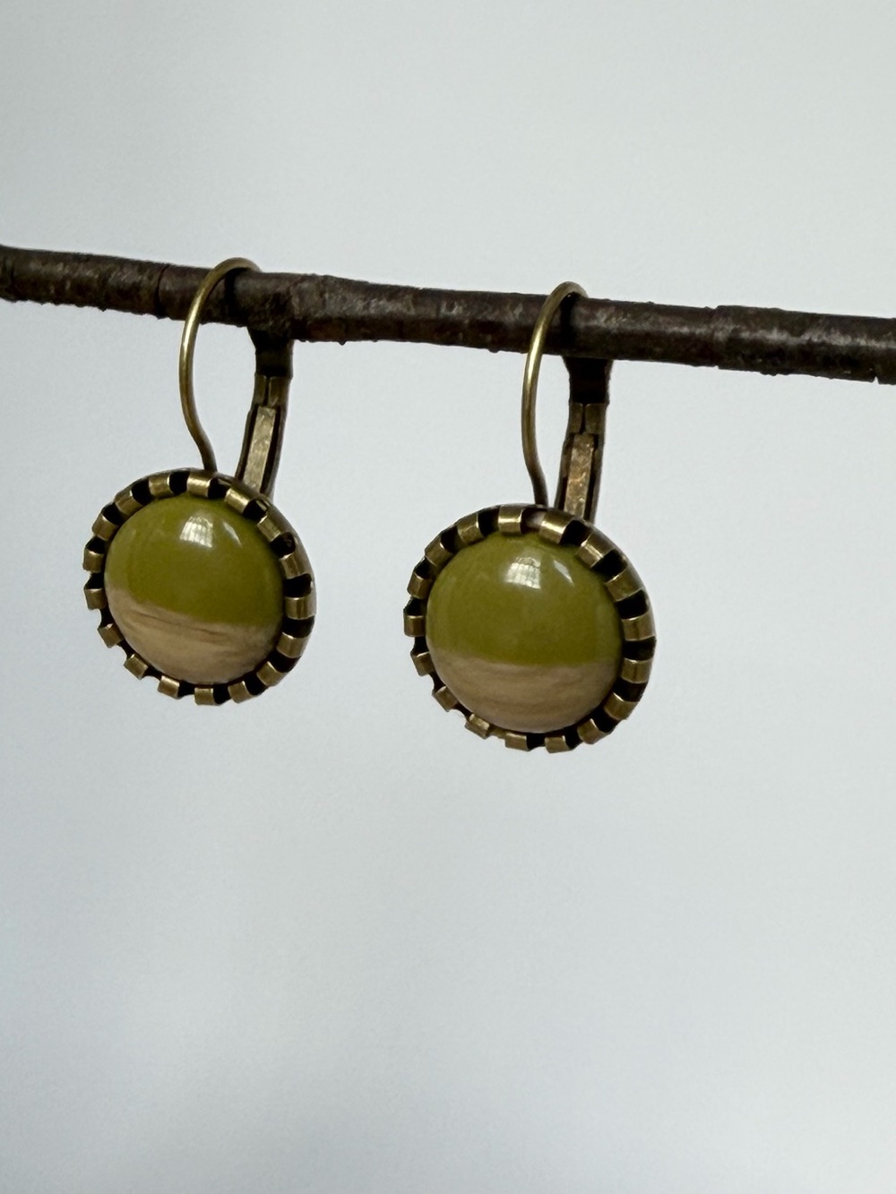 Olive Green Dome Drop Earrings with Antique bronze